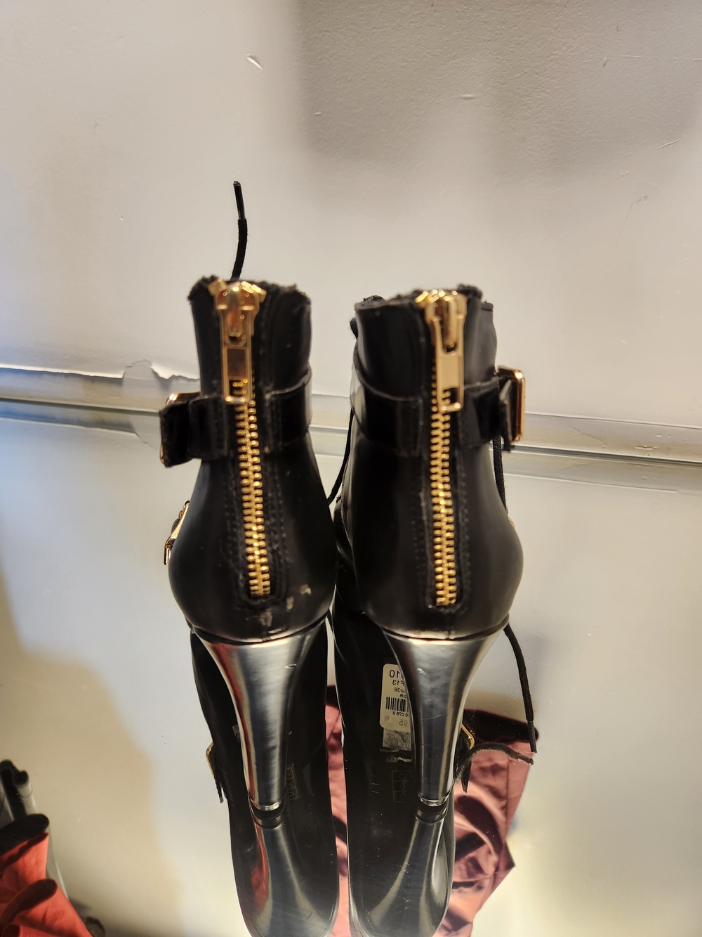 Black Lace-Up High Heel Ankle Boots with Gold Buckle - Picture 3 of 3